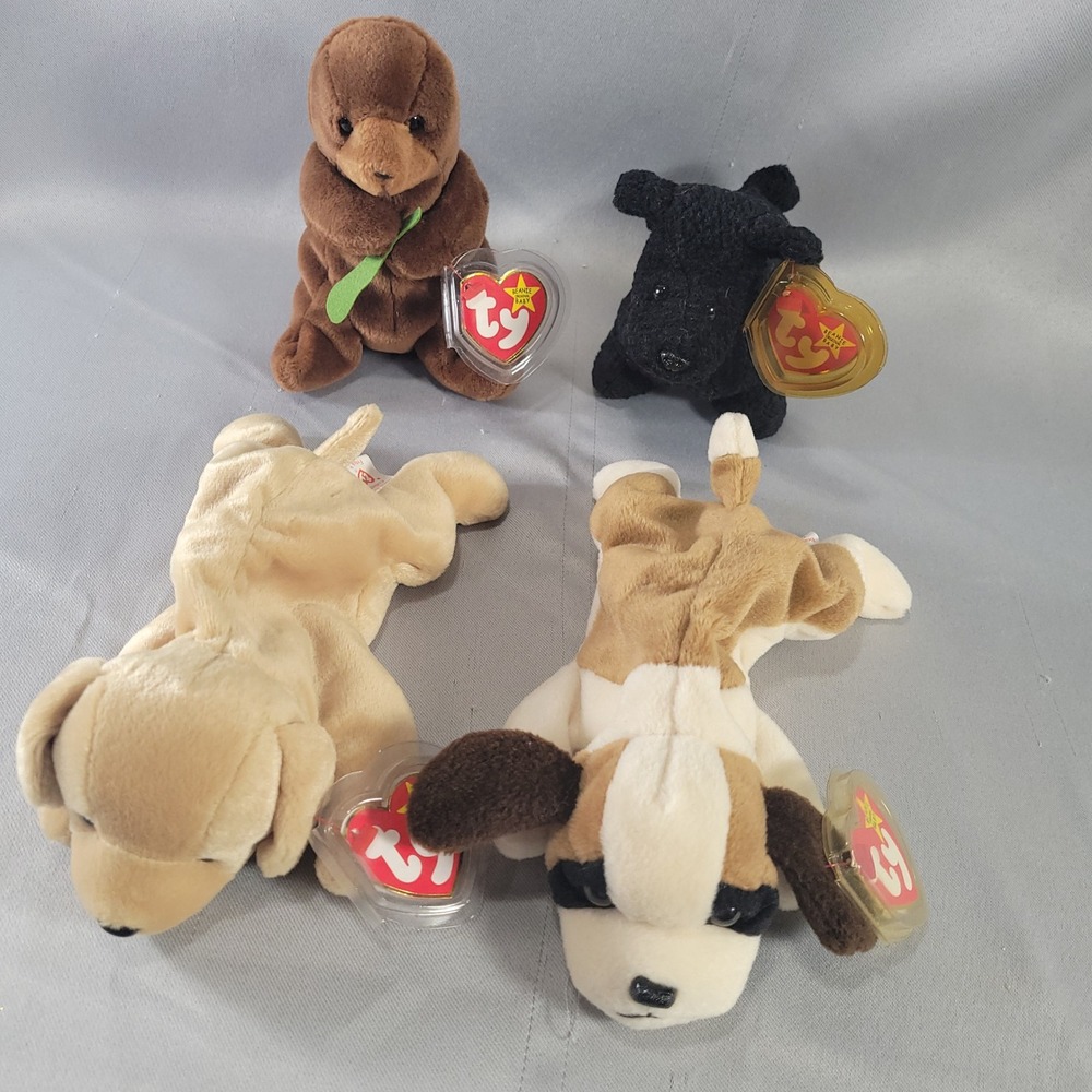 Ty Beanie Babies Plush Lot 4 Dogs Otter Fetch Scotty Bernie Seaweed All w/ Tags